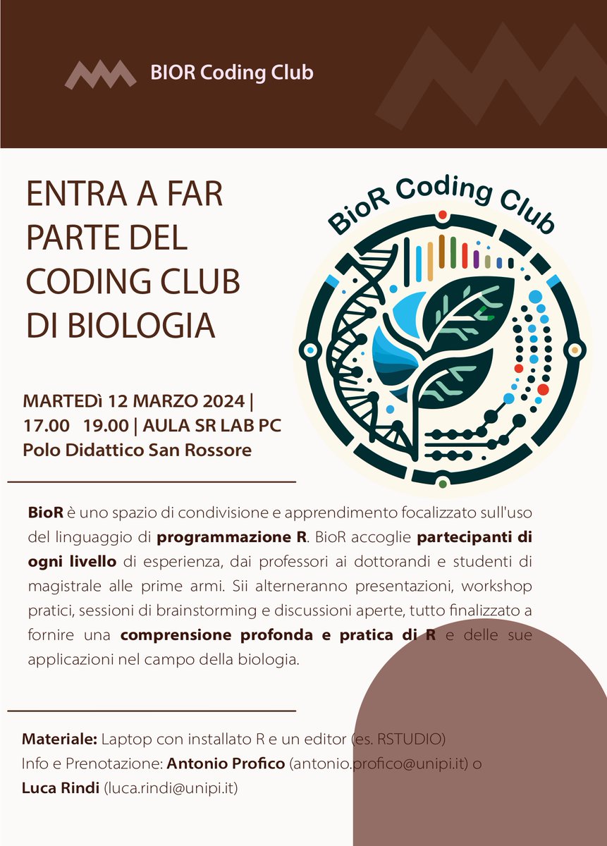 AntProfico's tweet image. A new journal club, BioR, has been launched at the @Dip_Bio_Unipi (Uni of Pisa). Meetings every two weeks will include presentations, brainstorming and discussions to deepen understanding of R applications in biology. #BioR #UniversityofPisa
Info: PM @Luca_Rindi and me.