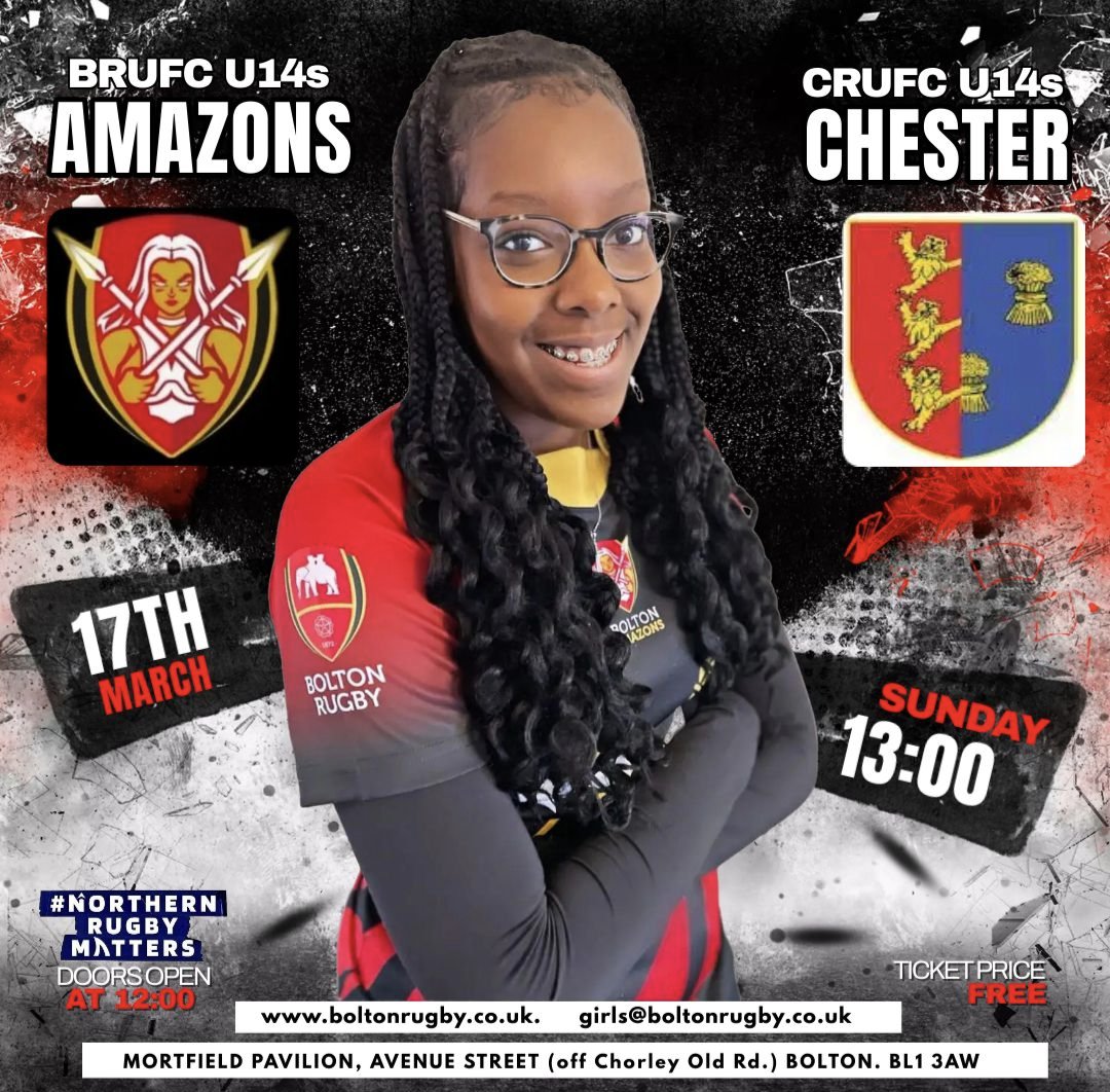 Bolton u14's Amazons have a home fixture next Sunday playing Chester/Winnington Park combined u14's.
Please come down to the club and support the girls for this rare home fixture, KO 1pm, the girls would like as much support as possible.

#boltonrugbyclub #boltonrufc #girlsrugby