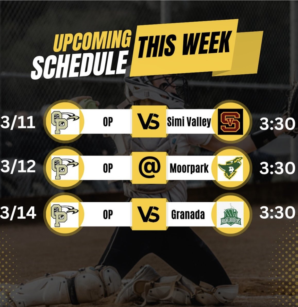 oakparksoftball's tweet photo. This week’s softball schedule. Come support JV and Varsity at 3:30pm🦅🥎! https://t.co/5uTM4CXive