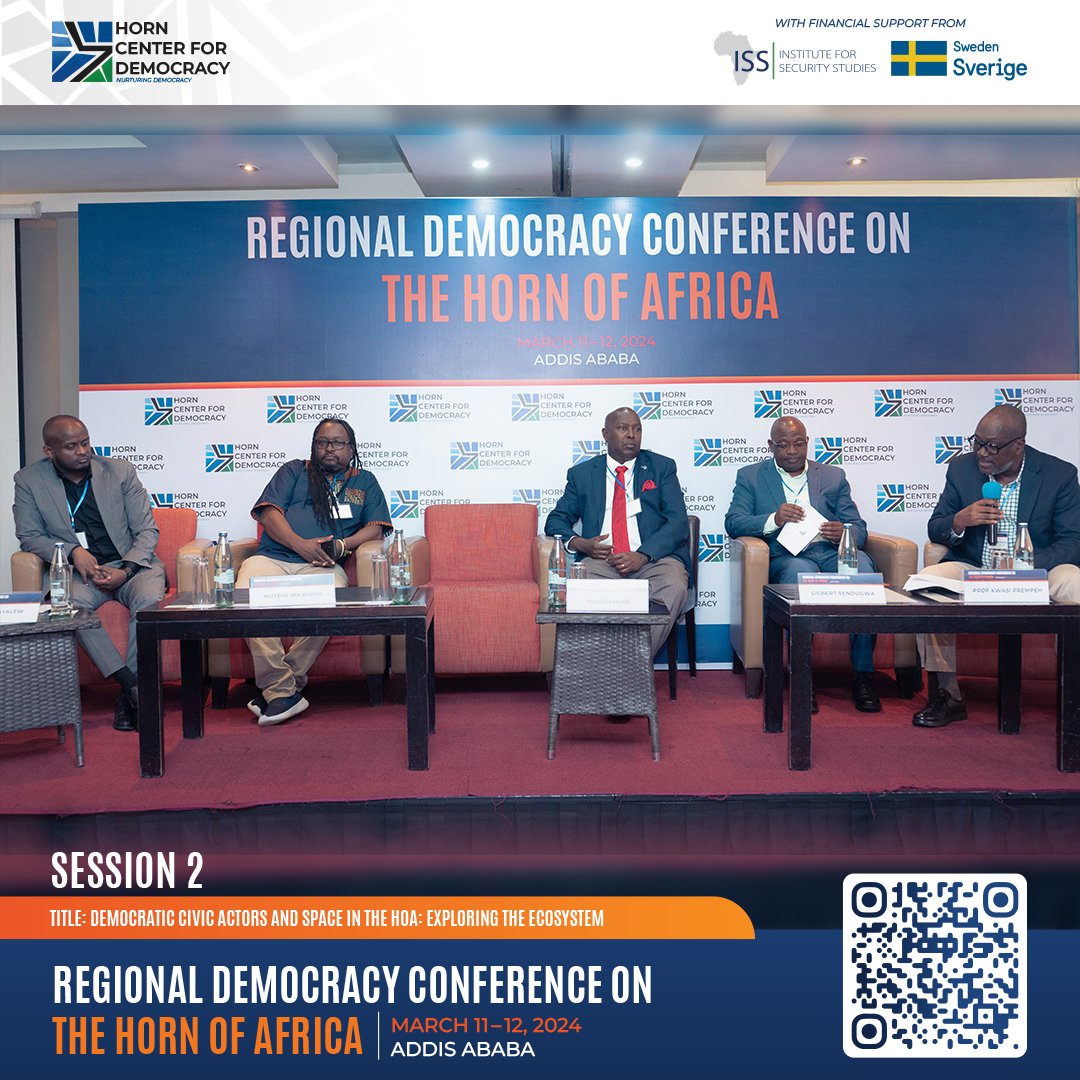 Session 2: Democratic Civic Actors & Space in the HoA: Exploring the Ecosystem @seifeye presented the findings of exploratory mapping on the pro-democracy actors in the #HOA region & the panelists @MutemiWaKiama, @Hassan_shire, @GilbertSendugwa; chaired by Prof. Prempeh, @CDDGha.