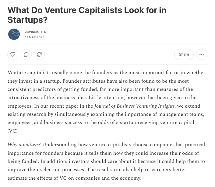 Latest on JBVI Substack: What Do Venture Capitalists Look for in Startups? Authors T. Esen (@Aarhus_BSS), @DahlEOB (Aalborg University Business School; @NHHnor) & @OSorenson (@uclaanderson) discuss factors predicting #VentureCapital funding success. 🔗: jbvinsights.substack.com/p/what-do-vent…