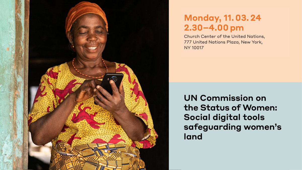 #HappeningToday: UN Commission on the Status of Women: Social digital tools safeguarding women’s land Join us to discuss the digital tool, #HakiArdhiApp, that enables women to report tenure rights violations & gender-based violence👉 bit.ly/48LvxfF #Rights4Land #CSW68