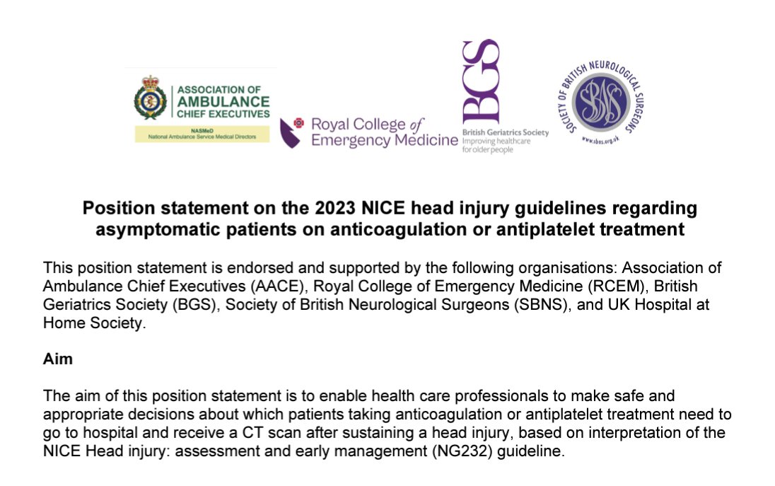 Read our joint position statement on the 2023 @NICEComms head injury guidelines regarding asymptomatic patients on #anticoagulation or #antiplatelet treatment here rcem.ac.uk/wp-content/upl…