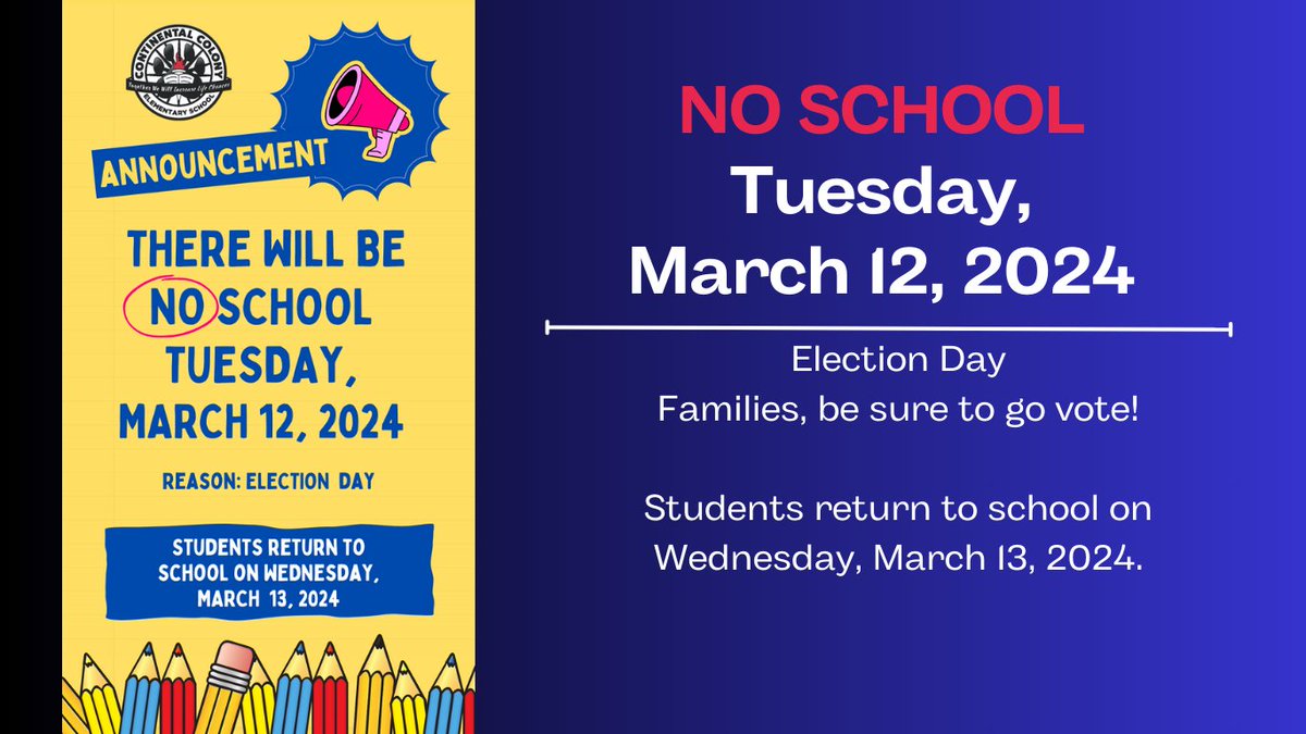 Just a reminder, there is NO SCHOOL on Tuesday, March 12, 2024. They will come home with a packet of work today. Students return on Wednesday, March 13th.
Families, be sure to vote!
<a href="/ccespanthers/">Kristen Vaughn</a> <a href="/gomillio/">ChristopherGomillion</a>
