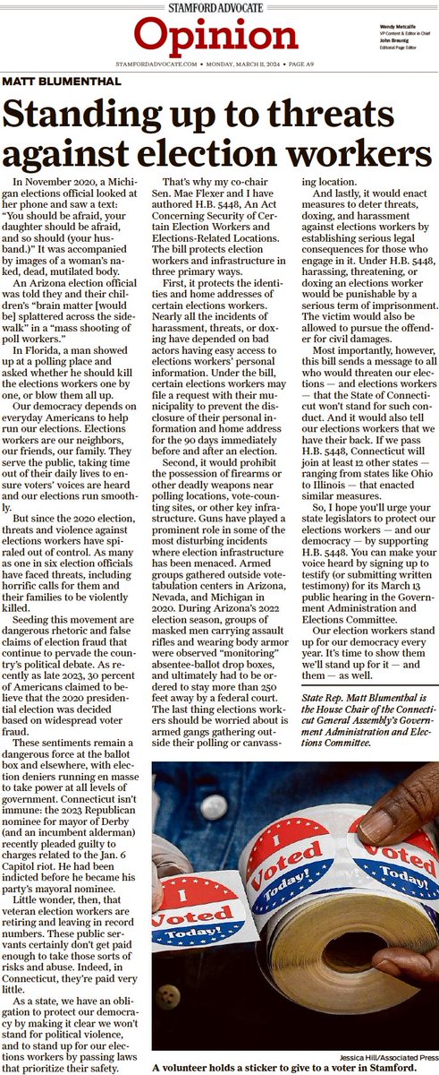 Check out my op-ed in @StamAdvocate today! Election workers and officials are facing terrifying threats. It's completely unacceptable. That's why my co-chair @MaeFlexer and I have authored legislation to protect them. It's vital we stand up for them — and our democracy.