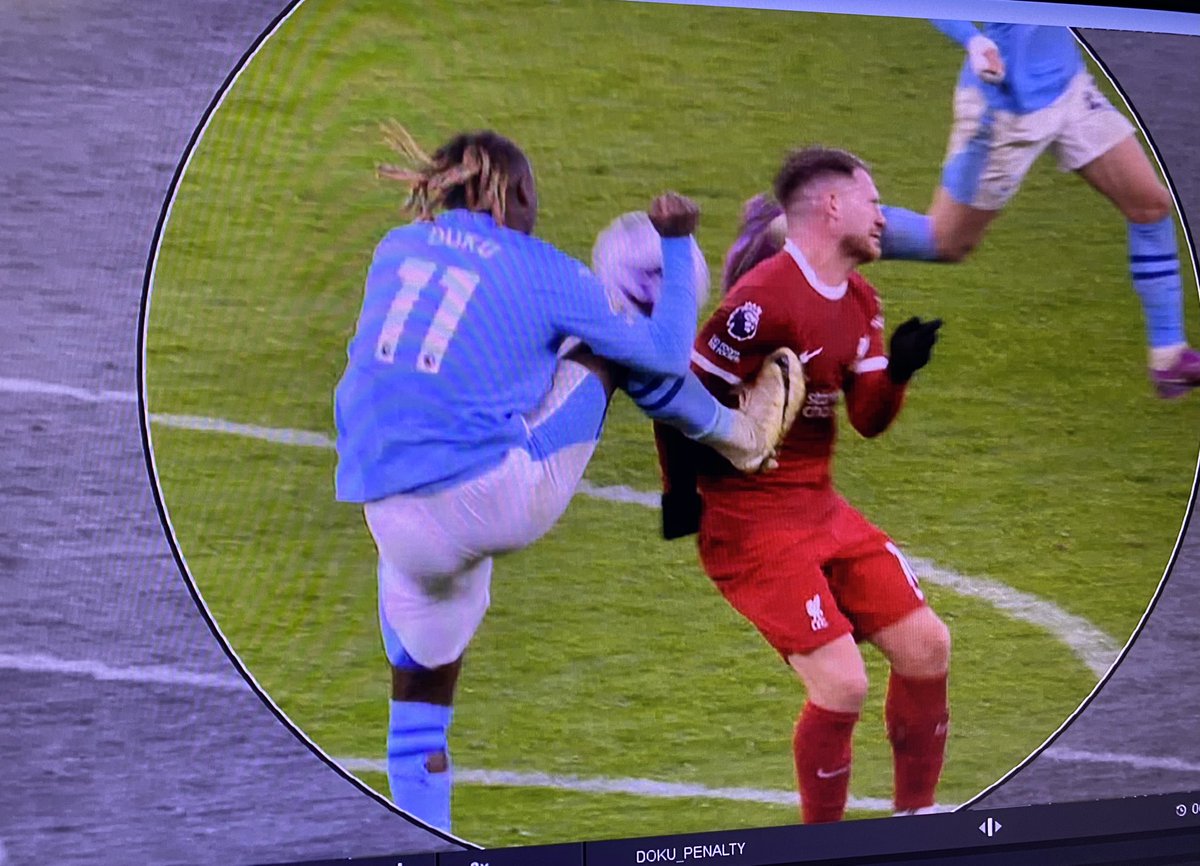 I thought VAR was to help the on-field ref! But yesterday the VAR official clearly didn’t help his mate who missed this pen.  
Mac Allister gets to ball first, Doku then kicks him in the chest!  
This massive decision has left me asking questions again about how VAR is used!