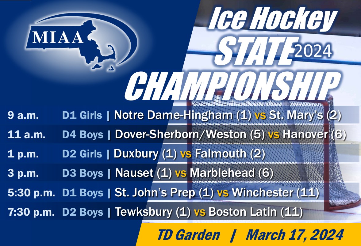 MIAA033's tweet image. 🏒 2024 MIAA ICE HOCKEY STATE CHAMPIONSHIP SCHEDULE: 🏆

🥅 Here is the slate of six games to be played Sunday (March 17) at TD Garden.
