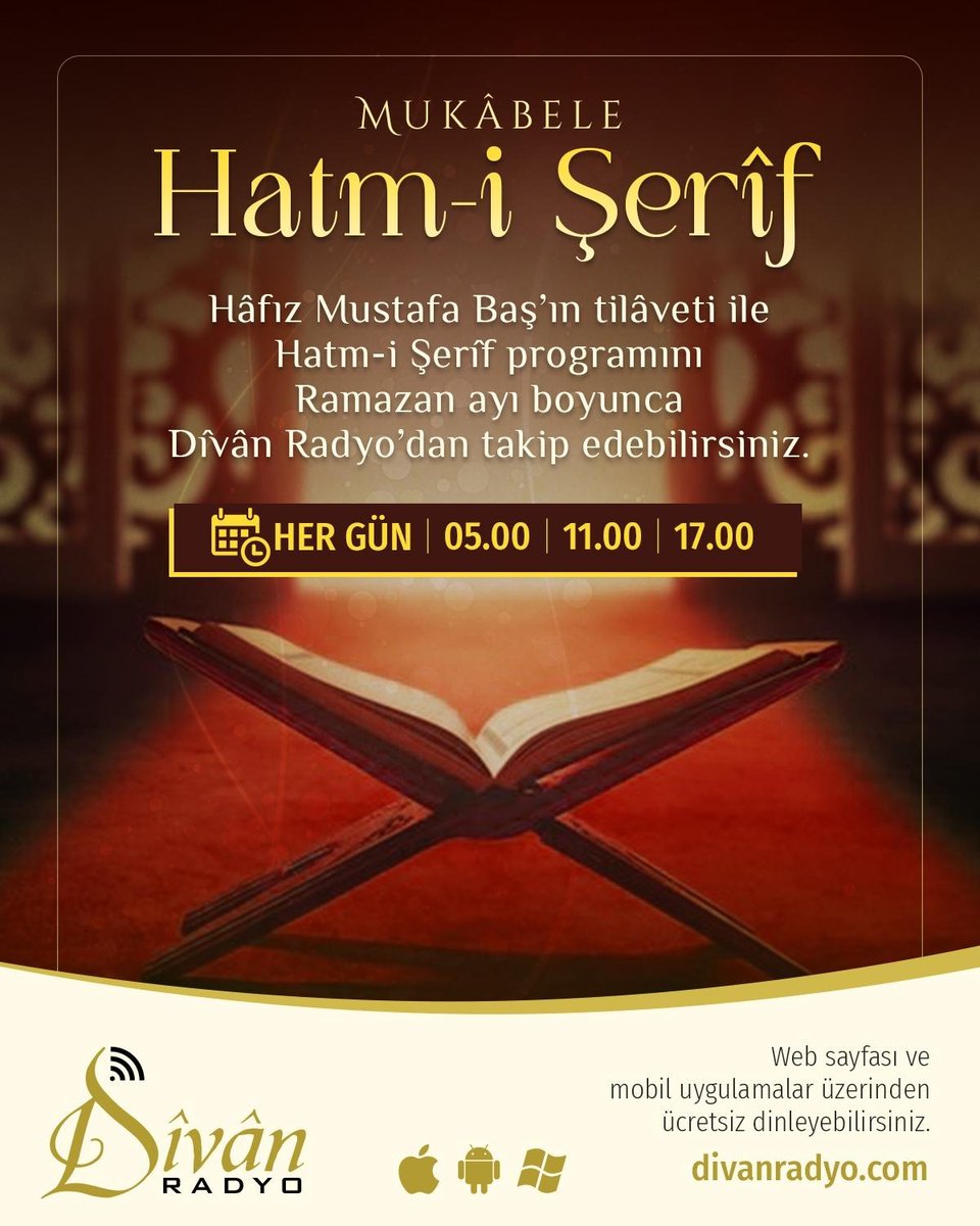 📜Mukabele Hatm-i Şerif
✅Hafız Mustafa Baş'ın tilaveti ile Hatm-i Şerif programını Ramazan ayı boyunca Divan Radyo'dan takip edebilirsiniz.

📌Web ➡ divanradyo.com
📌Mobil📲 onelink.to/divanradyo
#divanıhulusi #darendevi #hulusiefendi #hulusiefendivakfı #darende