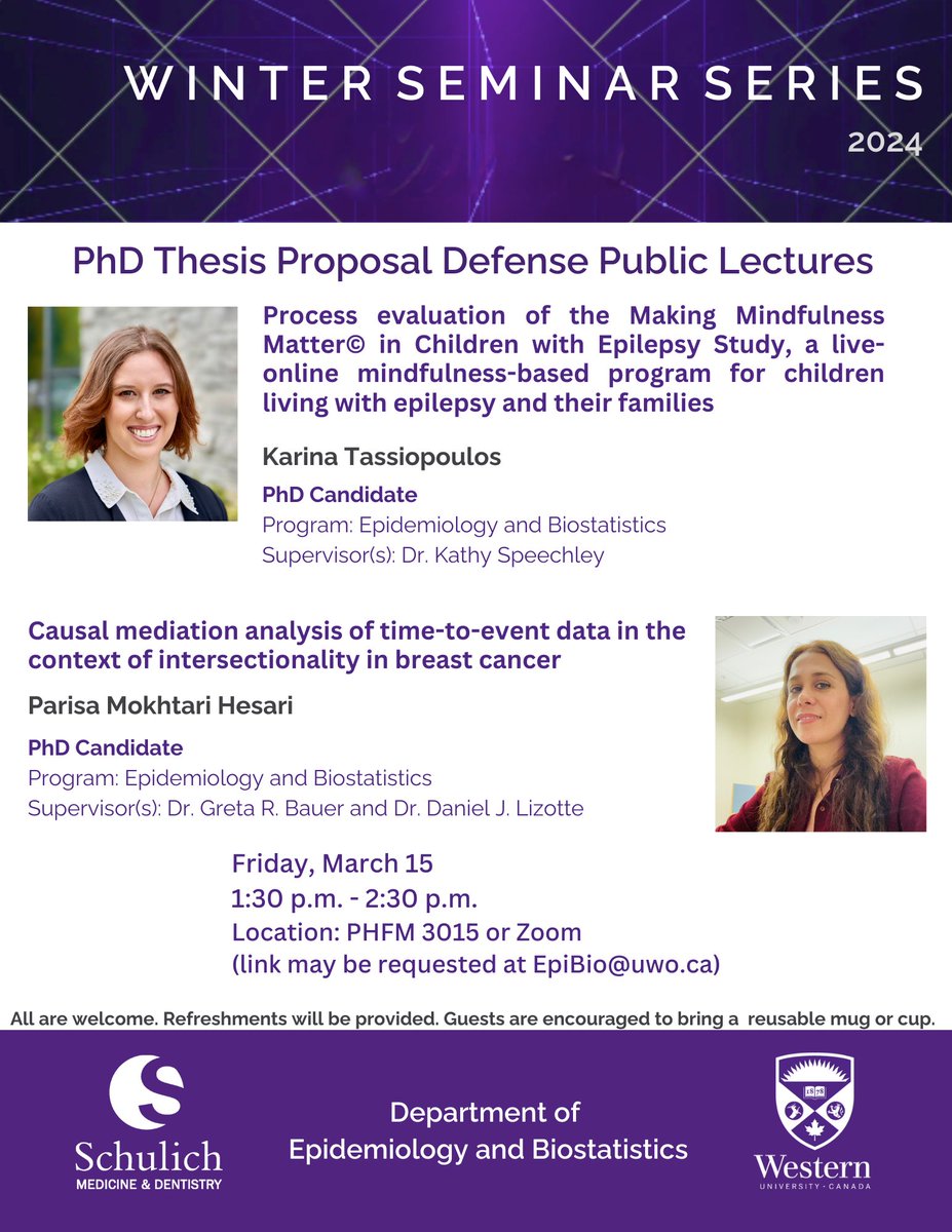 westernuepibio's tweet photo. 🎓 Join Us for Our PhD Thesis Proposal Defense Public Lectures! 🎓

We are excited to invite you to our upcoming PhD Thesis Proposal Defense Public Lectures, where our brilliant doctoral candidates will present their research proposals. https://t.co/7NtC8XBybv