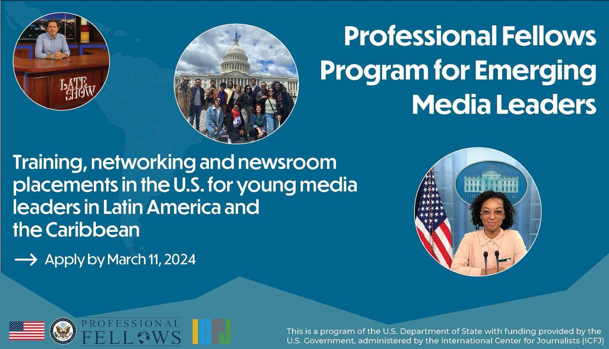 📢¡Atención periodistas!

Sigue abierta la convocatoria de @ICFJ para el programa #ProFellows Emerging Media Leaders.

Postulate ya para capacitarte en herramientas digitales e innovación en medios de comunicación, formando parte de una sala de redacción en EEUU.

Más info en:…