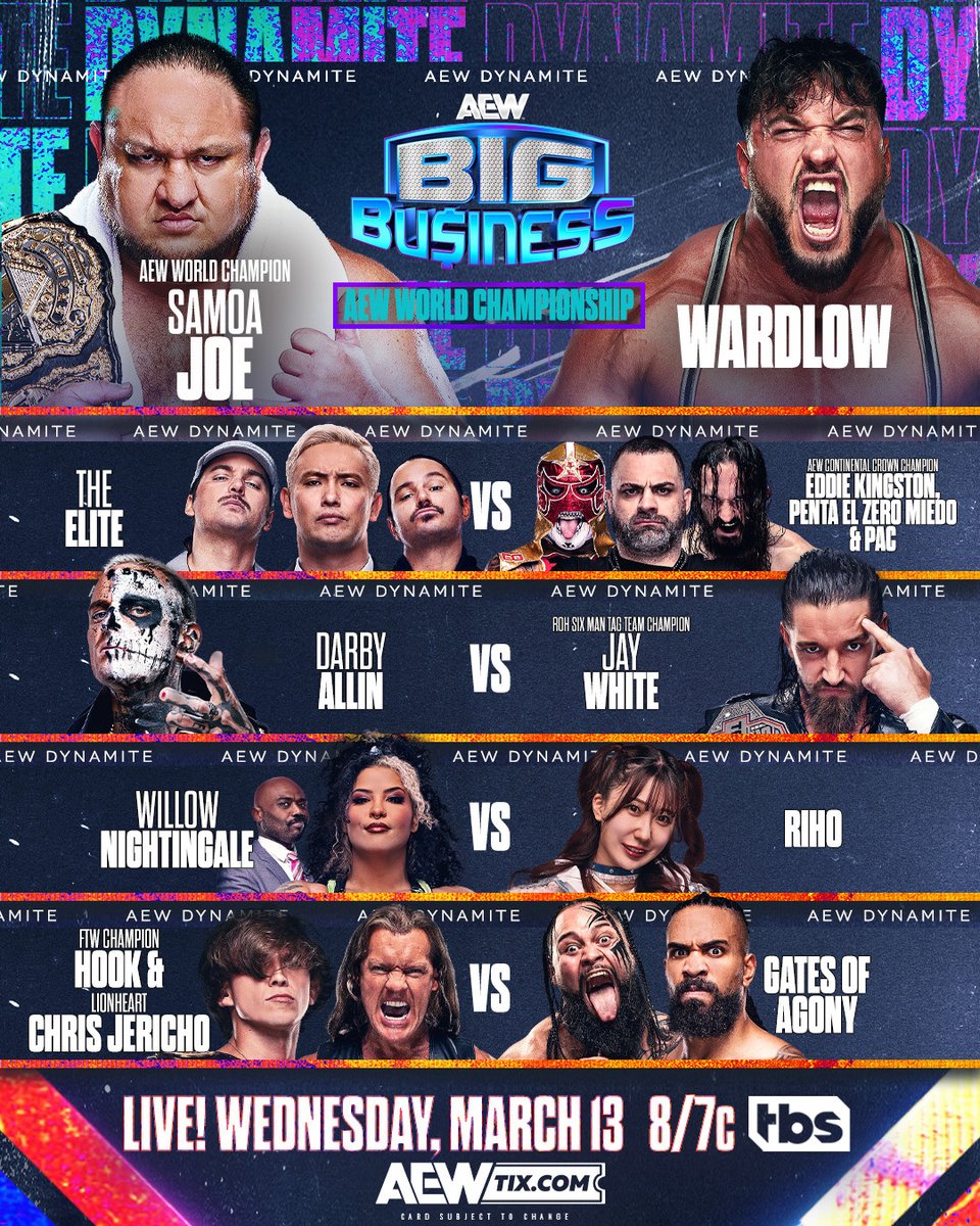 THIS WEDNESDAY, it's a night of AEW you won't want to miss 🤑 #AEWBigBusiness #AEWDynamite is coming to the @tdgarden in Boston, MA with a massive line-up, starting at 8pm ET/7pm CT LIVE on @TBSNetwork!