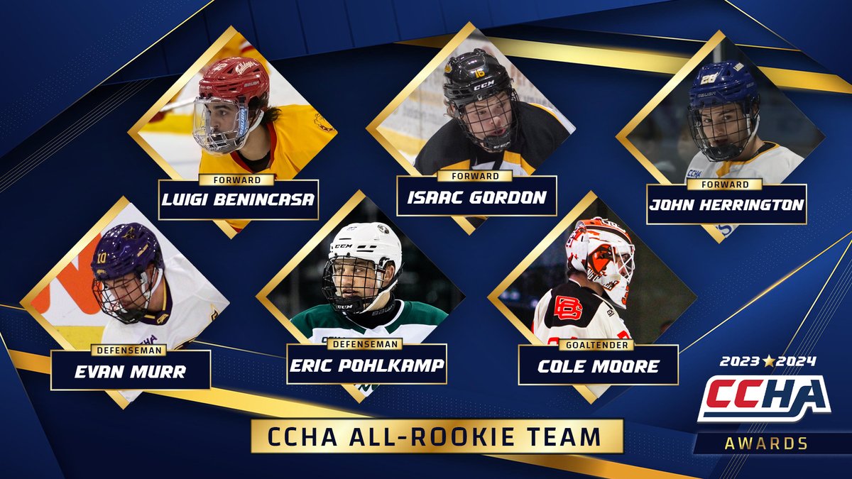 🏆 Six #CCHA teams are represented on this year's All-Rookie Team! 📰 tinyurl.com/2yylg2wv #CCHAHockey | #CCHAHonors