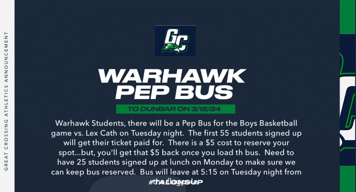 The first 200 Warhawk Students will be PAID FOR by our corporate sponsors. If you ride the pep bus, you are gauranteed a ticket. Ms. Catron will check you in at the gate if you are not on the pep bus. Pep bus sign up today, see details in pic. #TalonsUp @oaksie72 @TheKettle7
