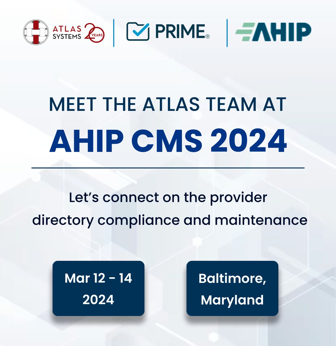 Meet our leaders John K. Lamb, Animesh Mozumdar, and David Stanton at the 2024 Medicare, Medicaid, Duals & Commercial Markets Forum. Connect with us now - hubs.li/Q02nWGX10

#HealthPlans #AHIP #AHIP2024 #ProviderDirectory #CX #HealthCare #PRIMEAtlas #AtlasSystems