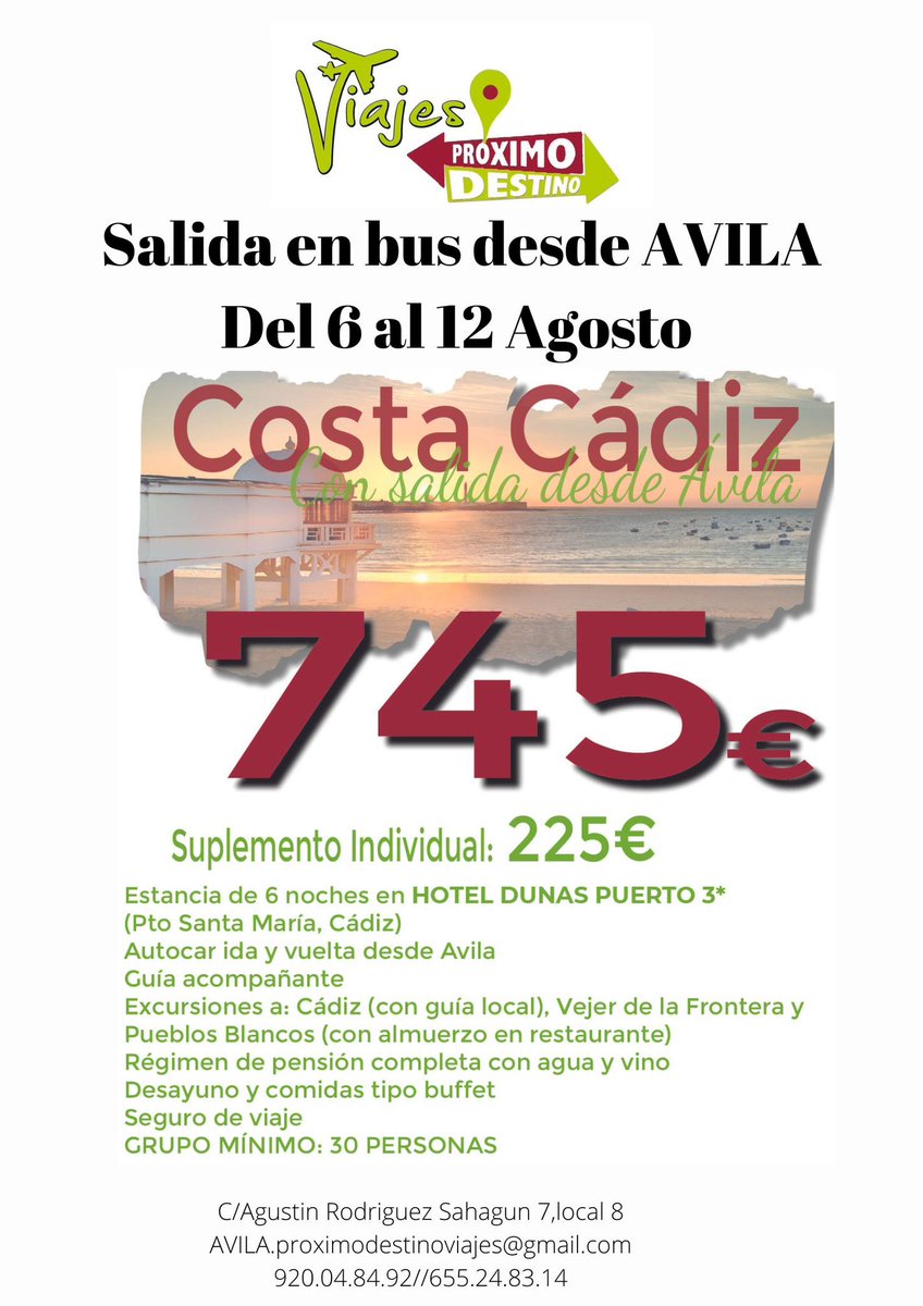 Nos vamos en AGOSTO a CÁDIZ y salimos en Bus directo desde AVILA. 
Disfruta de sus playas, sus gentes, su comida 🦐🐟🦞🦪
Pension completa con agua y vino, excursiones incluidas, guia acompañante durante todo el viaje!!!!!
reserva tu plaza cuanto antes!!!! Te lo vas a perder 😍?