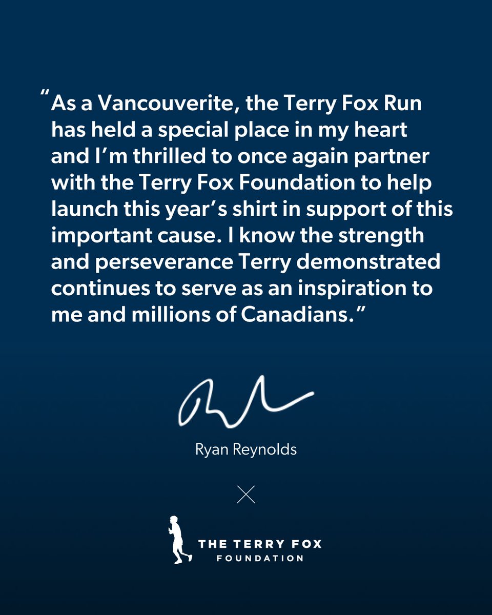 Our NEW #TerryFoxRun collection launched in collaboration with <a href="/VancityReynolds/">Ryan Reynolds</a> is available now! Get your shirt today at terryfox.org

All proceeds support life-changing cancer research in Canada.

#NoMatterWhat
