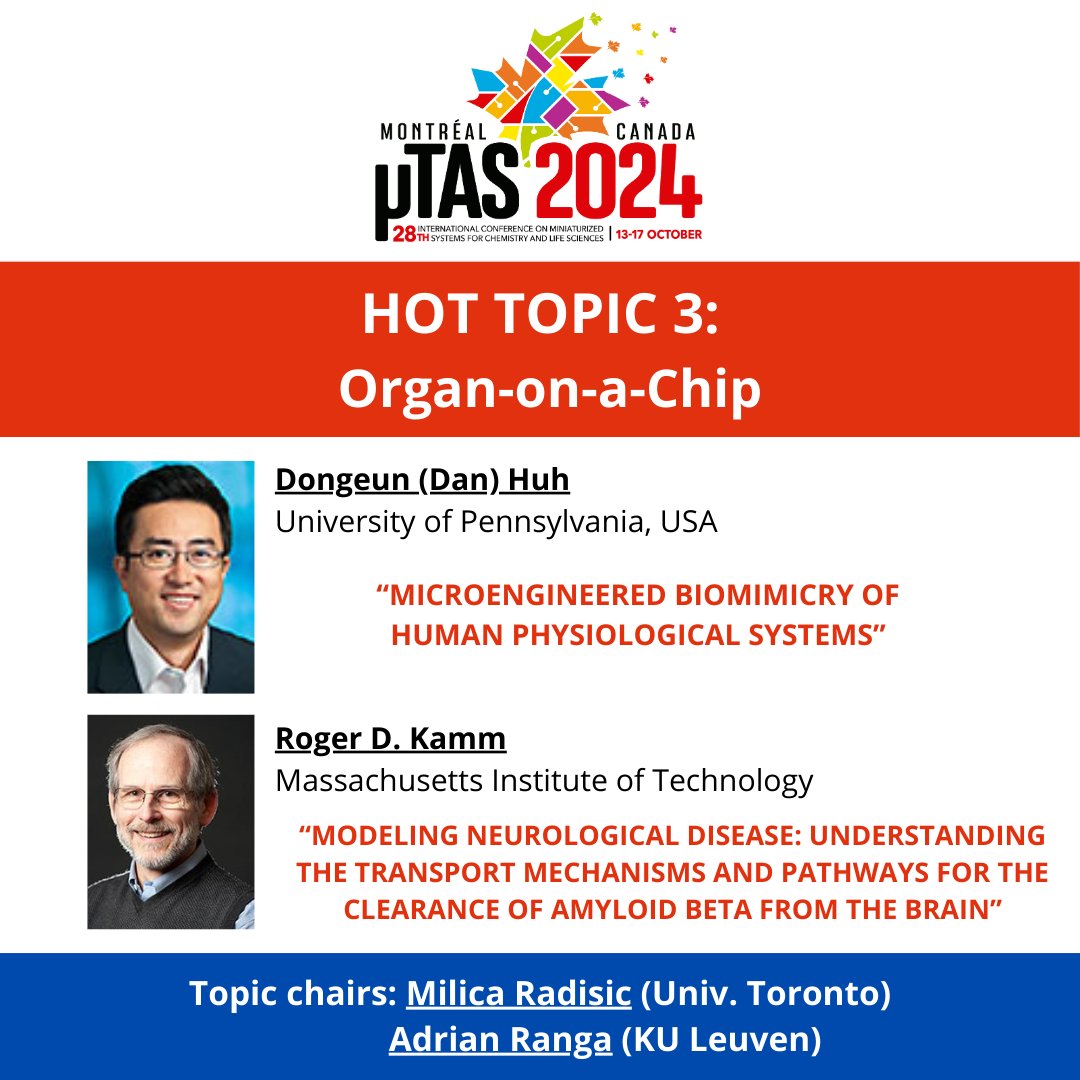 MicroTAS (@microtas2025) on Twitter photo Organ-on-a-chip is one of the Hot Topics at microTAS with keynote speakers Dongeun (Dan) Huh (<a href="/Penn/">Penn</a>) and Roger D. Kamm (<a href="/RogerDKamm1/">Roger D Kamm</a> <a href="/MIT/">Massachusetts Institute of Technology (MIT)</a>), and session chairs Milica Radisic (<a href="/milicaruoft/">Milica Radisic</a> <a href="/UofT/">University of Toronto</a>) and Adrian Ranga (<a href="/AdrianRanga1/">Adrian Ranga</a> <a href="/KU_Leuven/">KU Leuven</a>).
Abstract Deadline: May 14th. Organ-on-a-chip is one of the Hot Topics at microTAS with keynote speakers Dongeun (Dan) Huh (<a href="/Penn/">Penn</a>) and Roger D. Kamm (<a href="/RogerDKamm1/">Roger D Kamm</a> <a href="/MIT/">Massachusetts Institute of Technology (MIT)</a>), and session chairs Milica Radisic (<a href="/milicaruoft/">Milica Radisic</a> <a href="/UofT/">University of Toronto</a>) and Adrian Ranga (<a href="/AdrianRanga1/">Adrian Ranga</a> <a href="/KU_Leuven/">KU Leuven</a>).
Abstract Deadline: May 14th.