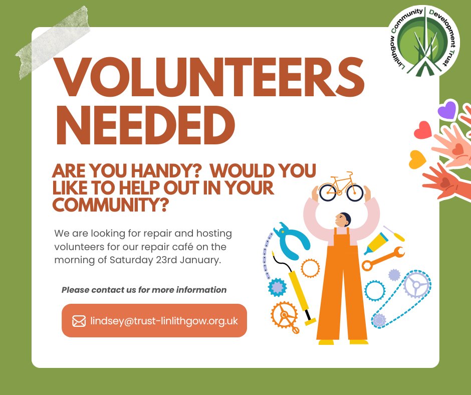 Are you looking for a volunteering opportunity? We are holding a Repair Café on Sat 23rd March at the EH49 Hub. We need volunteers to: 🛠️ repair items brought to the café ☕ help run the event and welcome visitors Email us: lindsey@trust-linlithgow.org.uk.