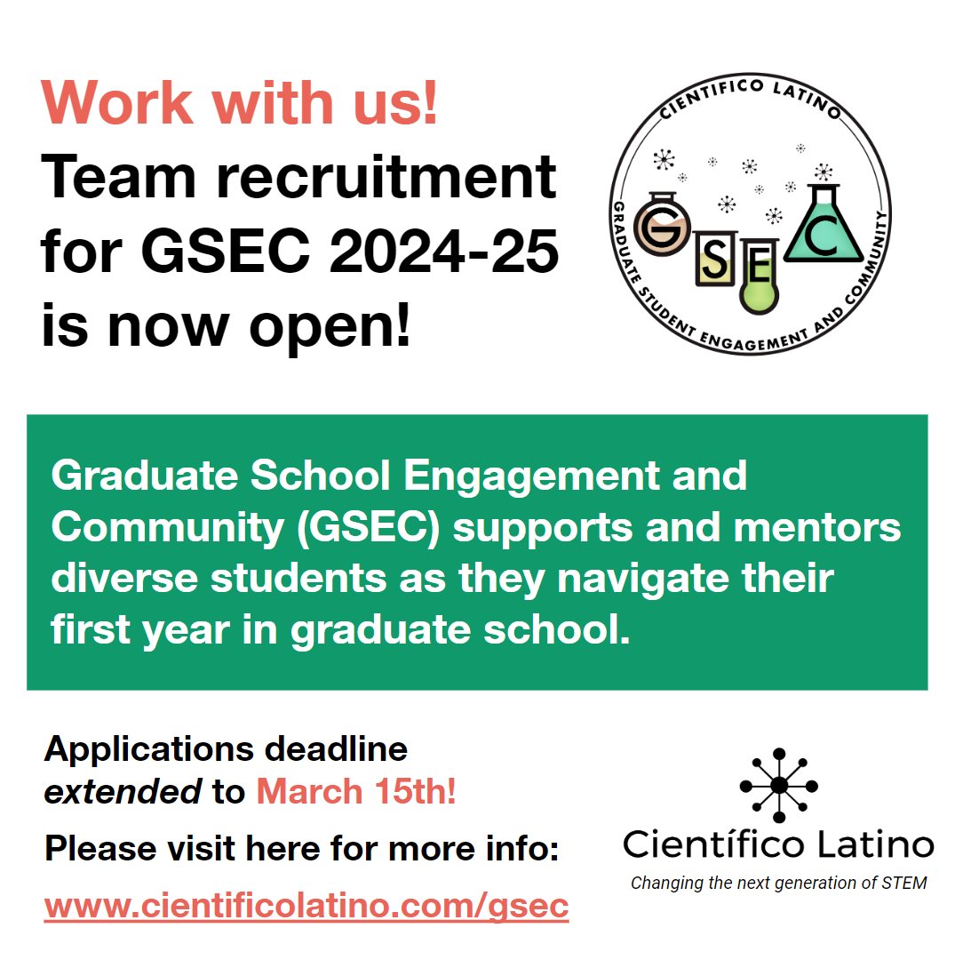 Team applications due this week for GSEC 2024-25! 🧡 The Científico Latino Graduate School Engagement and Community (GSEC) seeks to support diverse students as they navigate their first year in graduate school. Apply by 3/15: airtable.com/appT2UHPkw8wJ6…