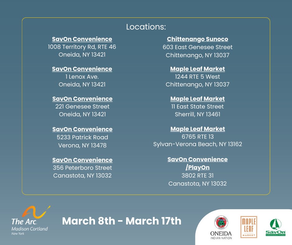 arcofmcny's tweet photo. From now until March 17th, visit one of the 12 participating local SavOn Convenience Stores or @MapleLeafMarket to make a $1 donation to support our organization during Developmental Disabilities Awareness Month! ❤️ https://t.co/uPddXy3n0t