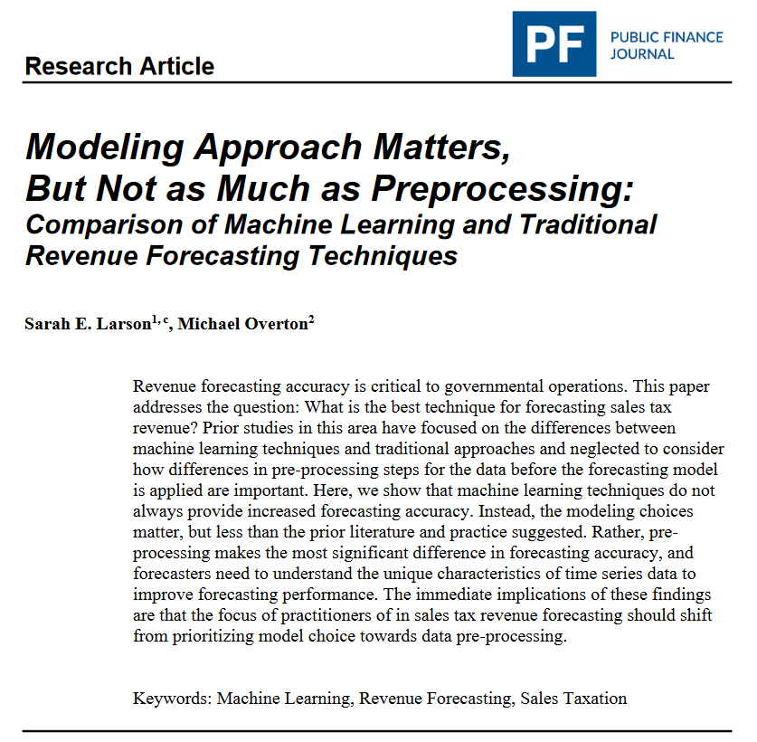 "Modeling Approach Matters, But Not as Much as Preprocessing: Comparison of Machine Learning and Traditional Revenue Forecasting Techniques" by <a href="/slizlarson/">Sarah Larson</a> &amp; @overtonmichael7 reexamines what is the best technique for forecasting sales tax
revenue. doi.org/10.59469/pfj.2…