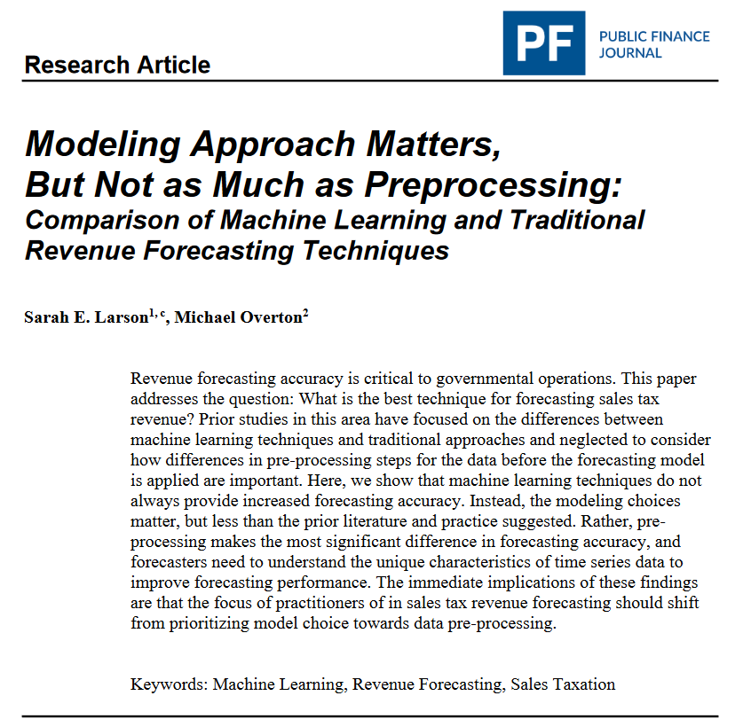 'Modeling Approach Matters, But Not as Much as Preprocessing: Comparison of Machine Learning and Traditional Revenue Forecasting Techniques' by @slizlarson & @overtonmichael7 reexamines what is the best technique for forecasting sales tax revenue. doi.org/10.59469/pfj.2…