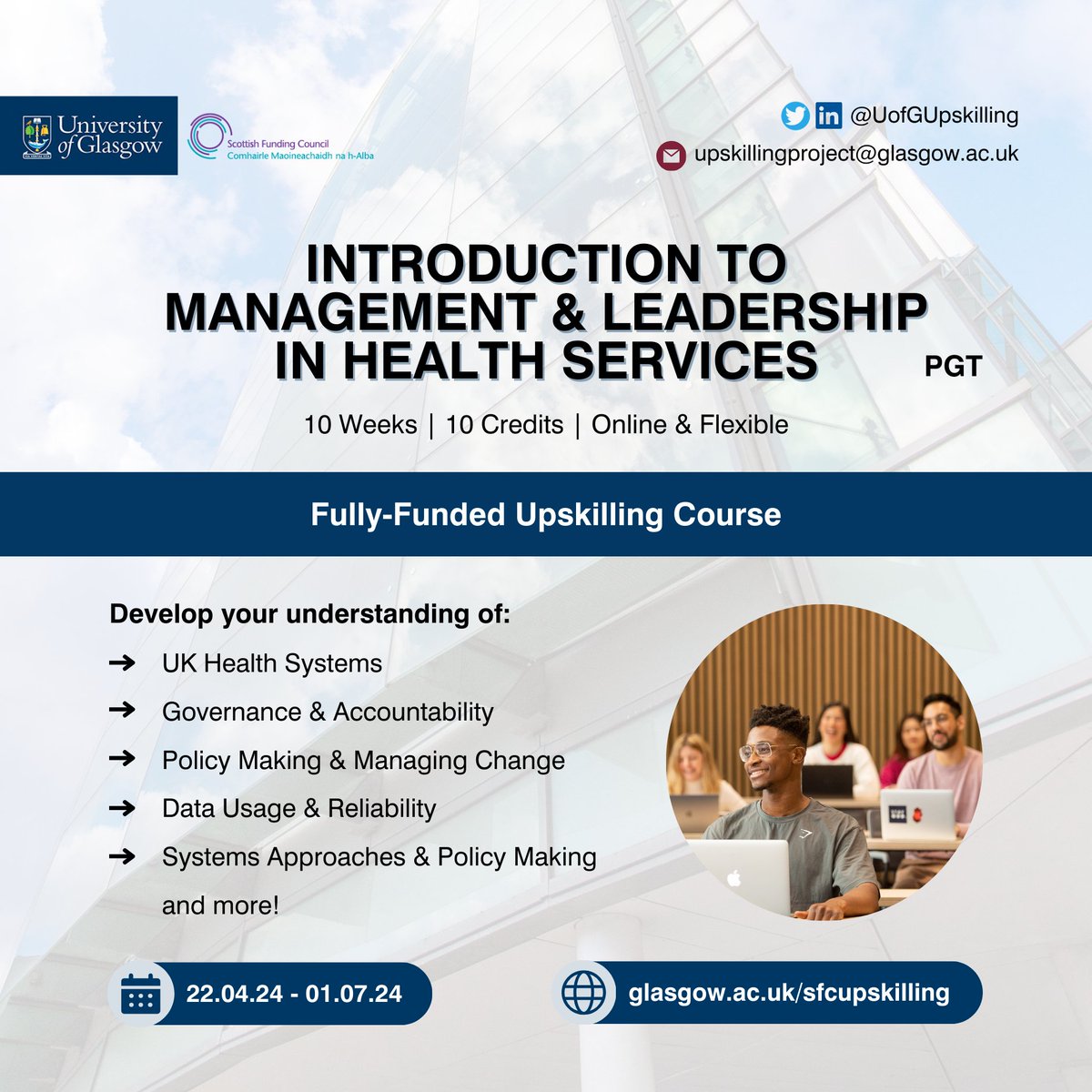 There’s still time to apply to for University of Glasgow’s Upskilling courses as the deadline for applications is 12th April. These courses are fully online, fully funded and specifically relate to the Health and Social Care system. Find out more: gla.ac.uk/study/sfcupski…