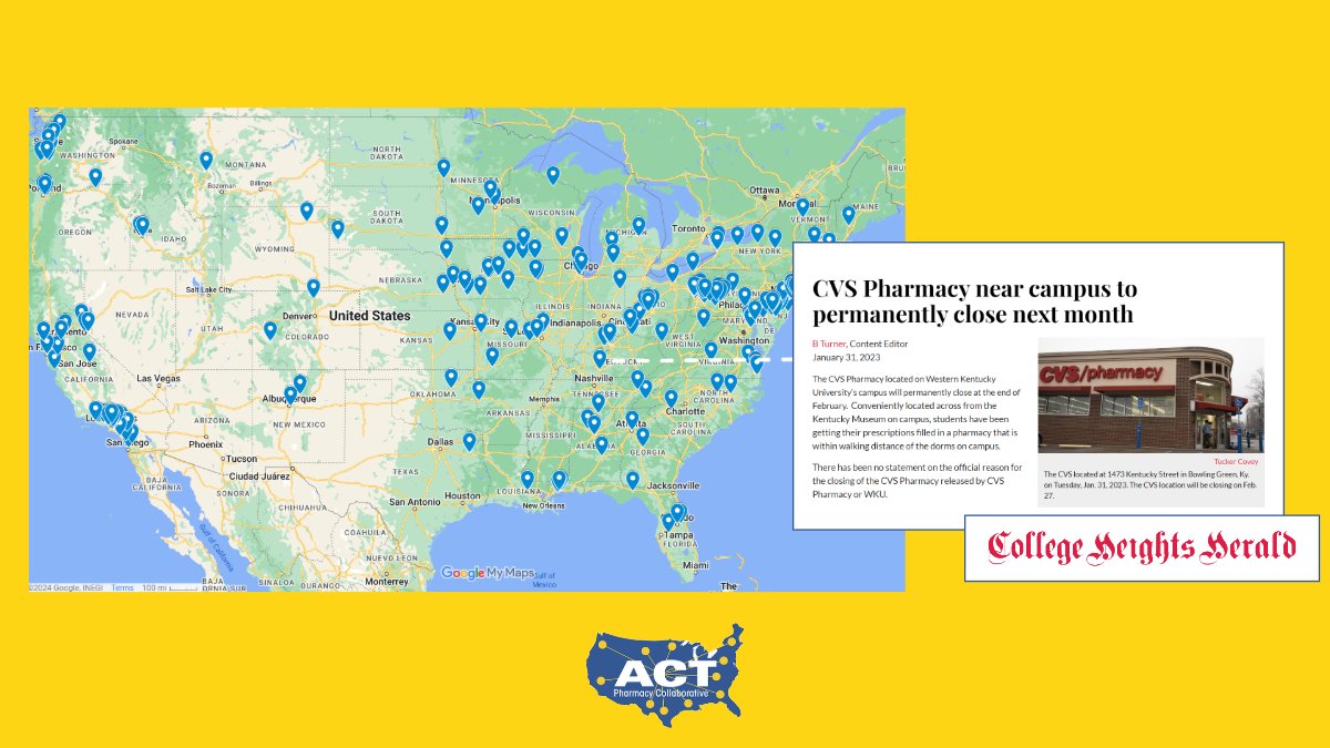 AACPharmacy's tweet photo. 📌 NEW RESOURCE: A new interactive map from @actforpharmacy is tracking #pharmacy closures across the country, and providing media stories about how each closure is affecting local communities.

Pharmacies are often the most accessible point of healthcare in a community, and the rate at which they're closing poses a grave public health risk.

For more: https://t.co/kIMdHSraj4