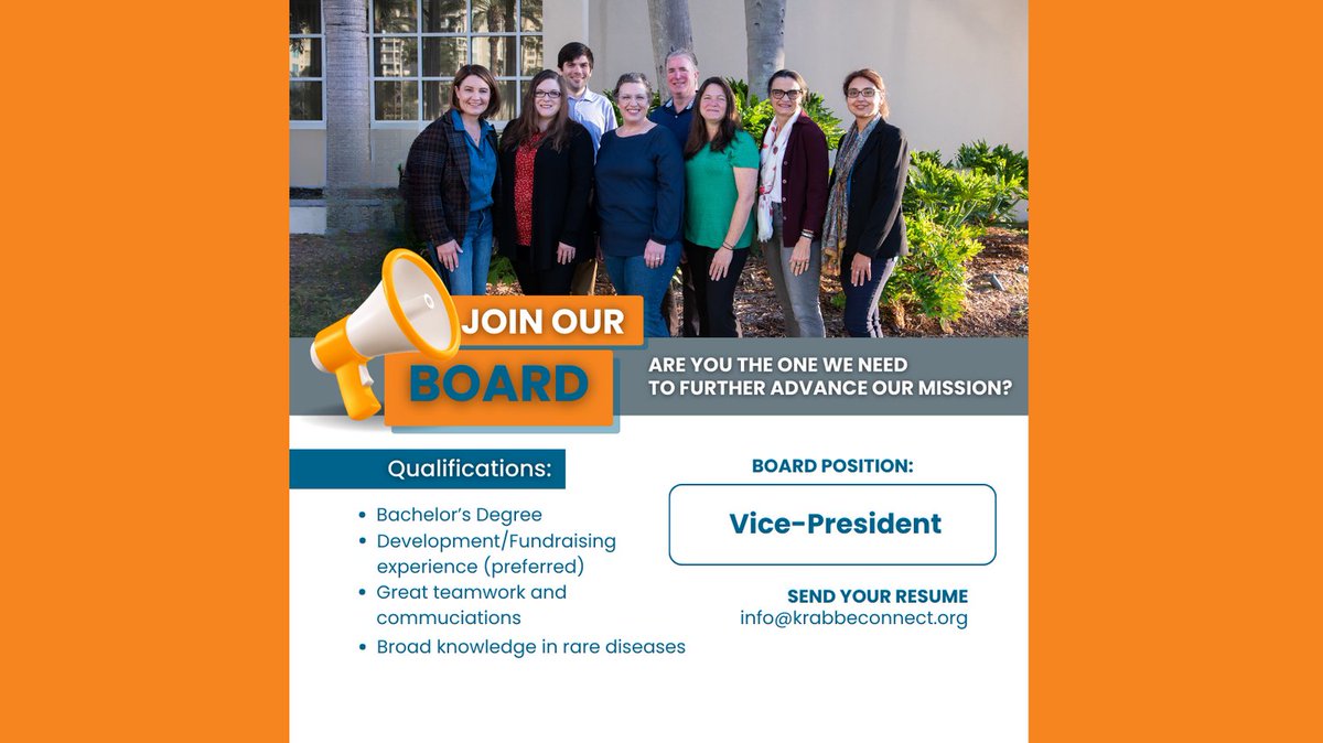 KrabbeConnect (@krabbeconnect) on Twitter photo Do you want to be the next board VP? Send us your resume at info@krabbeconnect.org
Not interested but know someone who might? We would love for you to share this post!
#curekrabbe #openboardposition Do you want to be the next board VP? Send us your resume at info@krabbeconnect.org
Not interested but know someone who might? We would love for you to share this post!
#curekrabbe #openboardposition