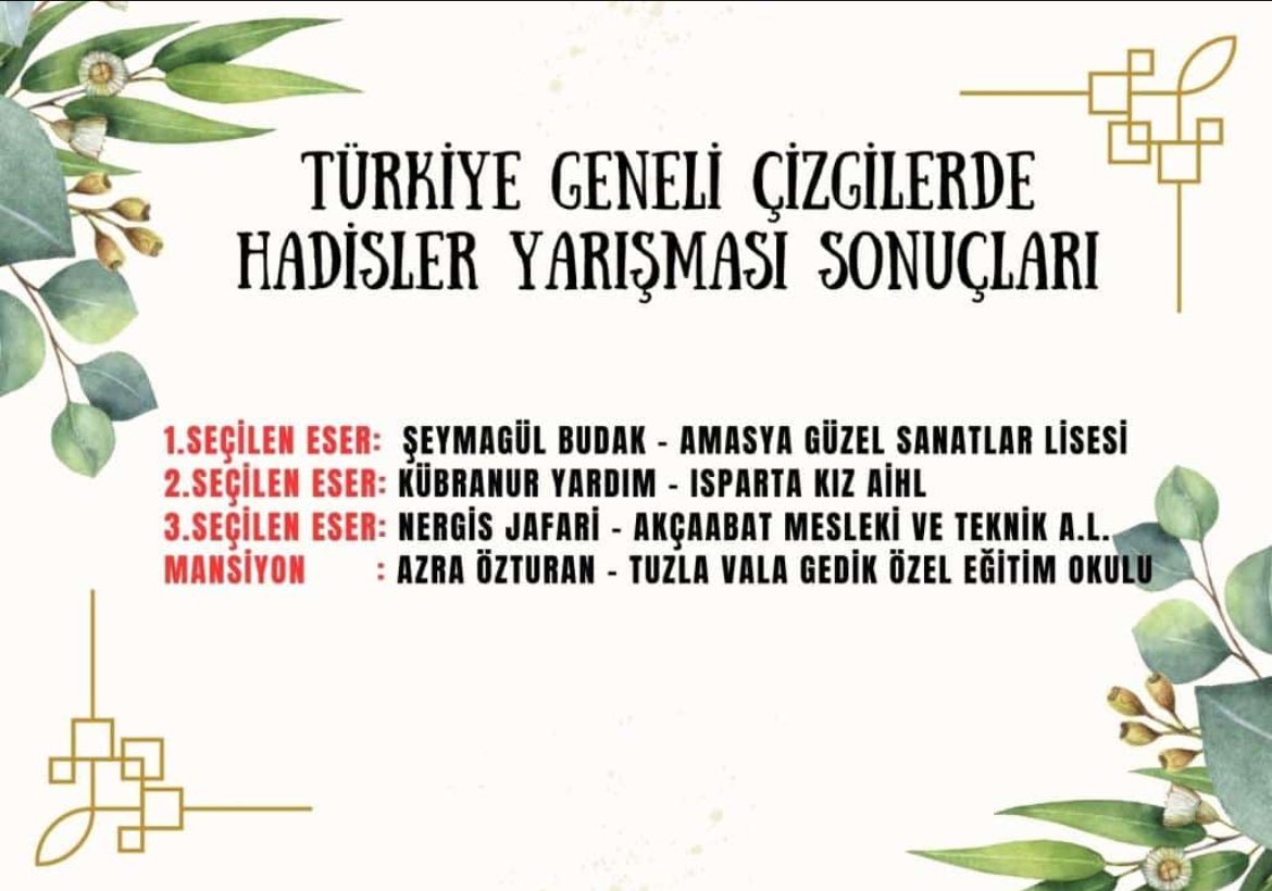 Tuzla Yunus Emre İmam Hatip Lisesinin düzenlediği ‘Çizgilerde Hadisler’ yarışması sonuçlandı! Okulumuz öğrencilerinden Azra ÖZTURAN mansiyon ödülünü kazandı.Kendisini tebrik ediyor,başarılarının devamını diliyoruz. @tuzlamem <a href="/istanbulilmem/">İstanbul İl Millî Eğitim Müdürlüğü</a> <a href="/istmem_oer/">İstanbul İl Özel Eğitim ve Rehberlik Hizmetleri</a>