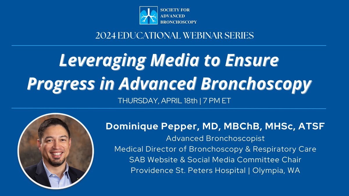 🚨Join SAB Website & Social Media Committee Chair, Dr. Dominique Pepper, on Thursday, April 18th at 7pm ET for, 'Leveraging Media to Ensure Progress in Advanced Bronchoscopy.' REGISTER TODAY➡️ tinyurl.com/5xw5znt6 #Educate #Innovate #Empower