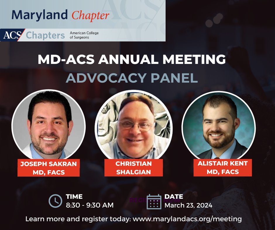 MDSurgeons's tweet image. Join us for an engaging Advocacy Panel at the 2024 MD-ACS Annual Meeting! We have a wonderful lineup of speakers! For more information and to register, please visit: marylandacs.org/meeting 

@JosephSakran @Alistair_MD @Shalgian