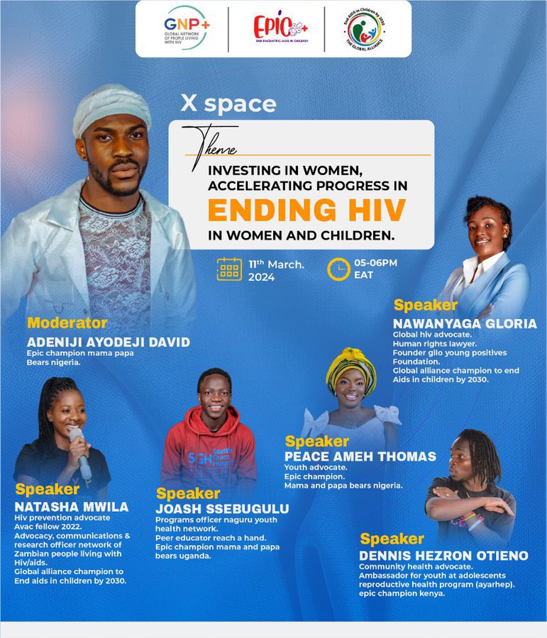 Join our Team Leader now on this amazing discussion focusing on Investing In Women and accelerating Progress In Ending Hiv In Women And Children. Link: x.com/i/spaces/1OdJr… @EPIChildren @gnpplus @unicef_aids