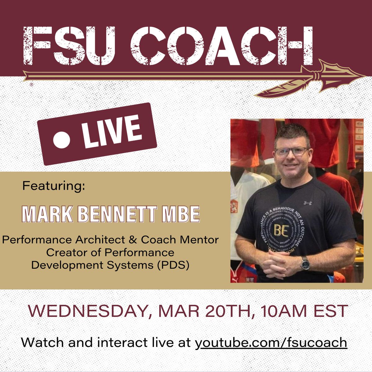Baghurst's tweet photo. @stu_arm was a recent guest discussing talent development, and I'm delighted that @PDScoach will follow up with his perspectives on coach development. He'll also be making an announcement exclusively on this show. Mark your calendars! #coachdevelopment #coach #coaching #fsucoach https://t.co/Twc2hlIXSz