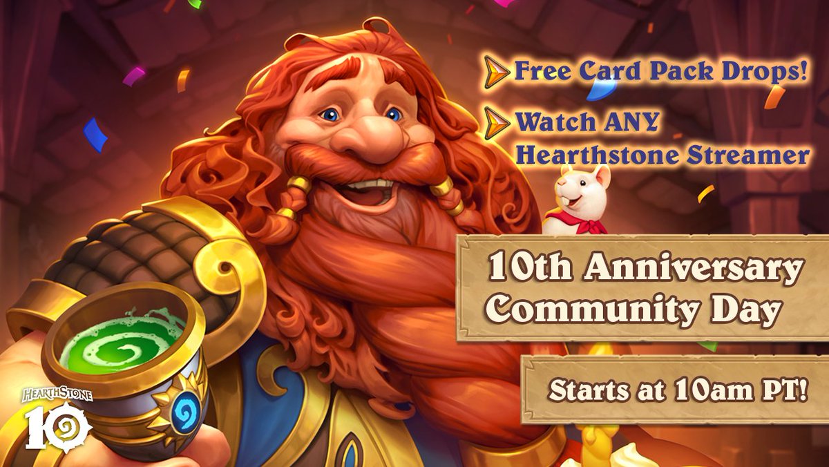 PlayHearthstone's tweet image. Happy 10th Birthday to us! 🥳🎂

Kick off our 10th Anniversary and claim free in-game rewards with your favorite Hearthstone creators during Community Day! Join the festivities at 10am PT: twitch.tv/directory/game…