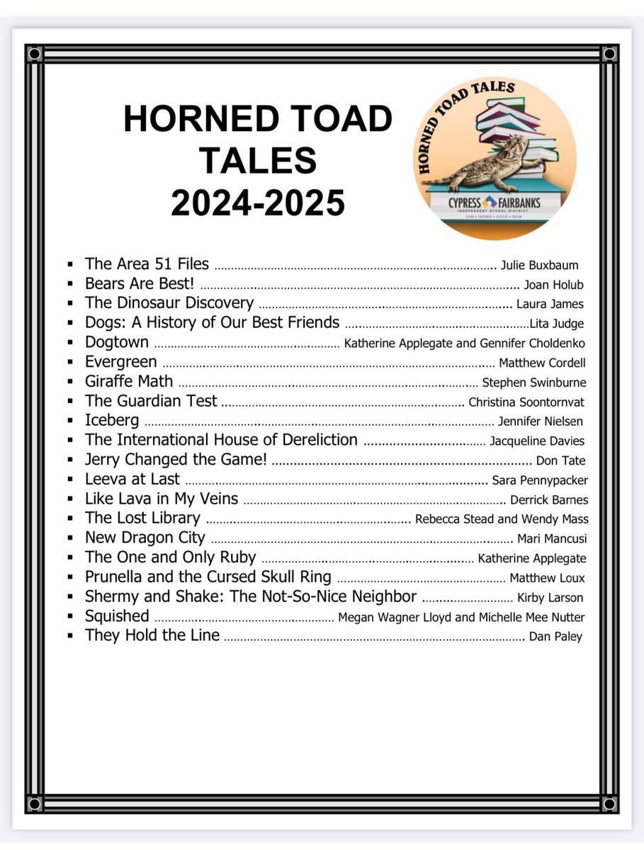Yay! GIRAFFE MATH is on the 2024-2025 HORNED TOAD TALES list selected by the librarians of the Cypress-Fairbanks ISD in Houston, Texas. THANK YOU! May the giraffes be with you! @CyFairISD @LittleBrownYR #texasschools #schoolvisit #kidlit @GarsteckiJ #kidlitart #cyfairlibrarians