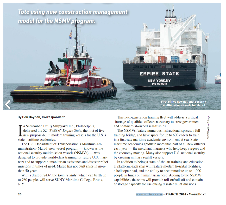 Thank you @WorkBoat for your March 2024 cover story about the National Security Multi-Mission Vessels and the Vessel Construction Management approach led by TOTE Services.
ow.ly/QeH850QQagu