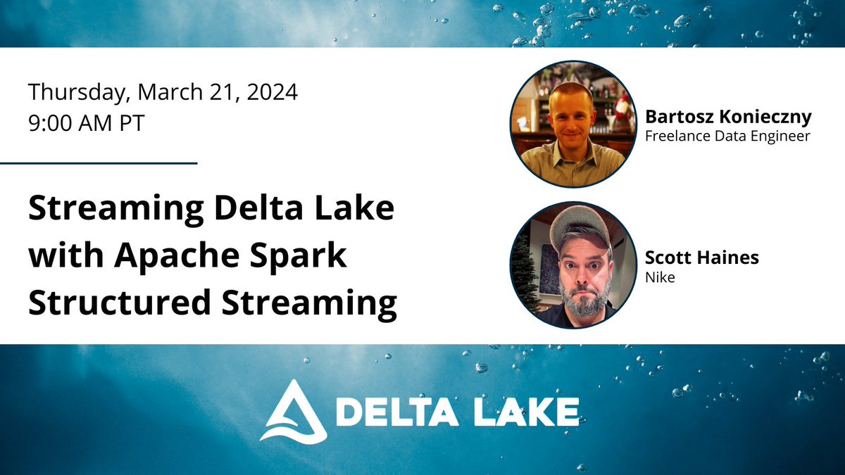 DeltaLakeOSS's tweet image. Join @newfront and @waitingforcode and learn all about streaming Delta Lake tables with Apache Spark Structured Streaming! 🦀
🗓 March 21st
🕝 9:00AM PT / 12:00PM ET
💻 Join this webinar via LinkedIn, YouTube, or Zoom!
Learn more: linkedin.com/events/streami…
#deltalake #streaming