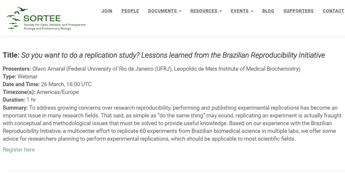 So you want to do a replication study? Join our next webinar: 'Lessons learned from the Brazilian Reproducibility Initiative', by @olavoamaral  When: 26 March, 16:00 UTC Free registration: i.mtr.cool/gfipiqhynx #SORTEEtools #openscience #reproducibleresearch