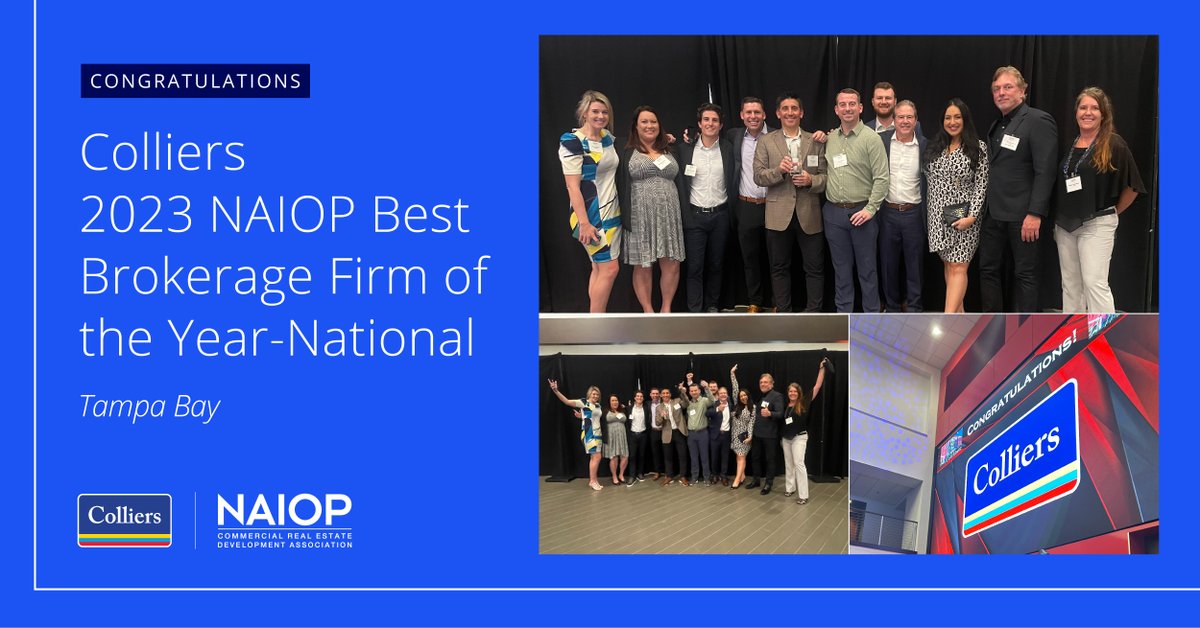 We are very excited to share that Colliers was awarded '2023 Best Brokerage Firm of the Year-National' by NAIOP Tampa Bay!  This award is a credit to our excellent team members and their contributions.  Thank you to our clients and the opportunity to serve!

#AccelerateSuccess