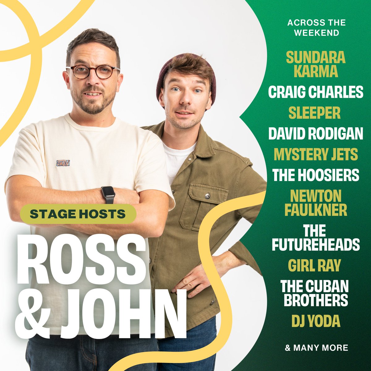 We're excited to announce that Southend's very own comedy duo and <a href="/RadioEssex/">Radio Essex</a> weekend breakfast presenters, <a href="/rossandjohnpod/">Ross And John</a>, will be hosting our main stage all weekend! 🎉