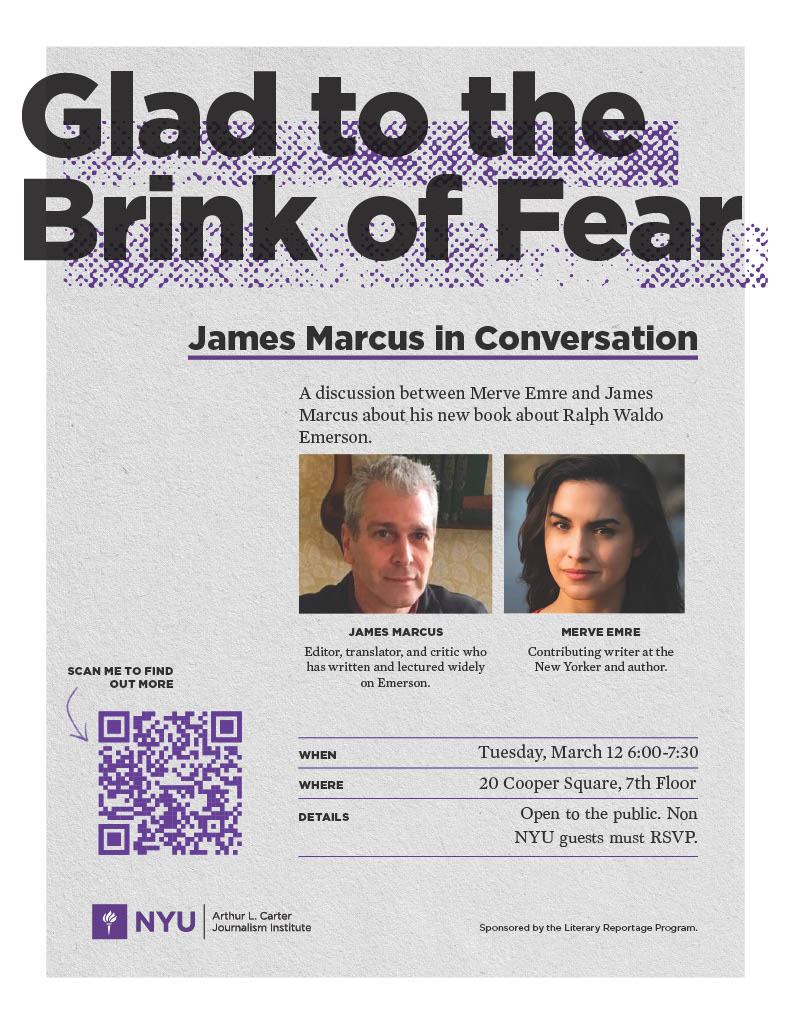 Tomorrow (March 12) at 6 pm EDT: @nyu_journalism welcomes @jamesamarcus for the launch of his new book, Glad to the Brink of Fear. He will be in conversation with @mervatim. For more details and to RSVP, visit: hubs.ly/Q02nMpg80