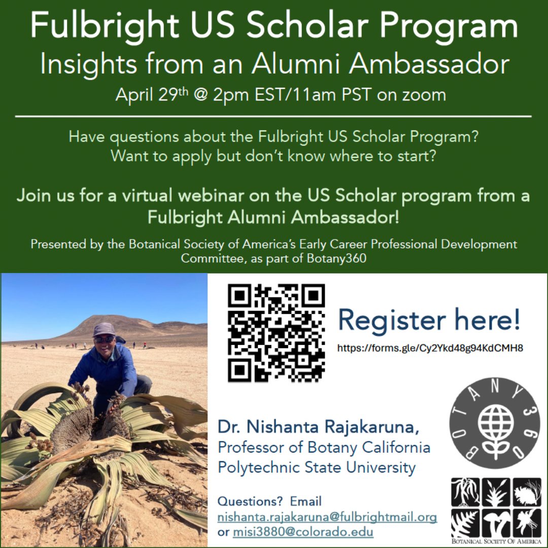 Want to learn more about the Fulbright US Scholar Program? This #Botany360, presented by Dr. Nishanta Rajakaruna, BSA member and Fulbright Alumni Ambassador, will be on April 29 at 2pm EST. 

Learn more and register here: botany.org/calendar/displ…

#BSAmembers