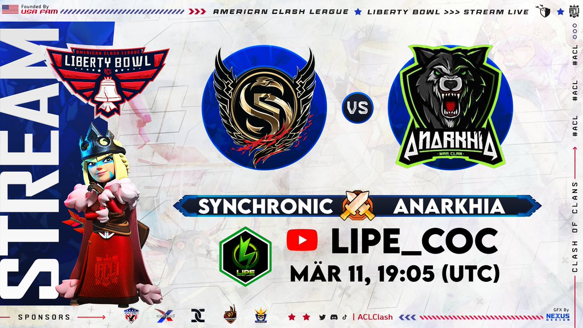 Hola,.saludos hoy tenemos estás guerrazas a partir de las 11 :00 AM
@PCL_23 🆚 @usafamcom 
@Synchroniic 🆚 @AnarkhiaCoC 
@LibertyBowl 
Twitch.tv/lipe_coc