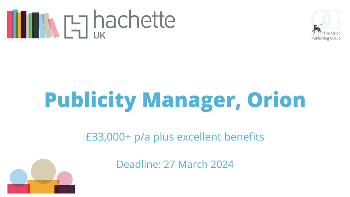 Exciting job opportunity! @orionbooks are hiring a Publicity Manager. If you are an experienced publicist looking for the next step this could be the #publishingjob for you. 💷 From £33K dependent on experience ⏰ Wednesday 27th March 🔗 rb.gy/luwa3l