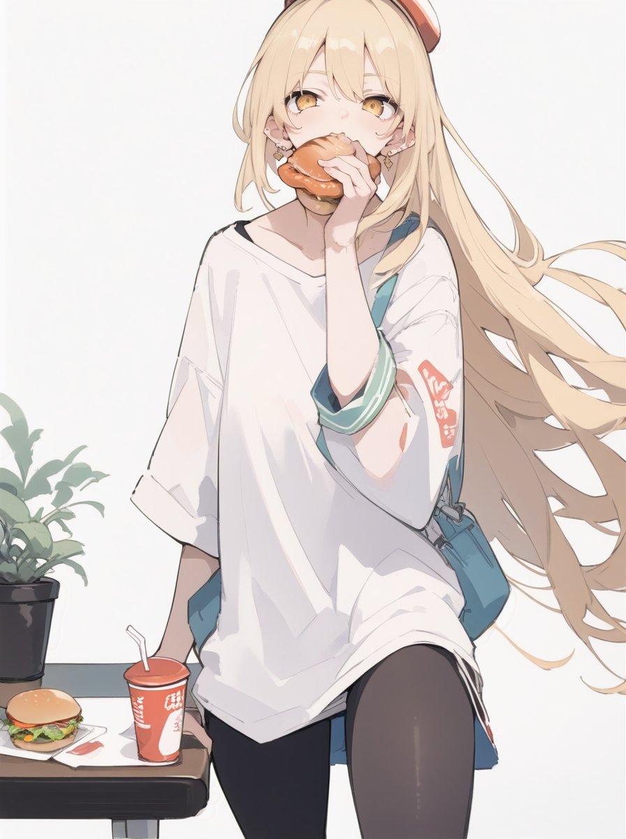 1girl solo burger food blonde hair long hair shirt  illustration images