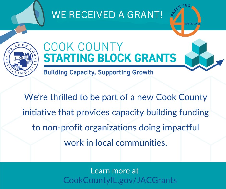 Parenting4NV's tweet photo. We are proud to announce that Parenting for Non-Violence has received a Cook County Starting Block Grant award. Thank you, Cook County. Strong healthy organizations help build strong, healthy communities!
#nonprofit #capacitybuilding #P4NV #Parenting4Nonviolence @cookcountygov https://t.co/wfsMhDBbdf