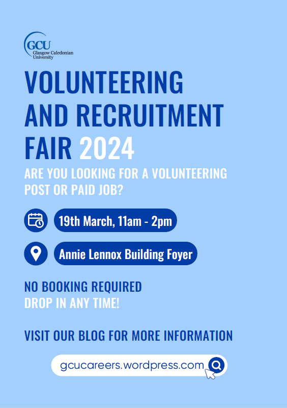 .<a href="/GCUCareers/">GCU Careers Service</a> are hosting a Volunteer and Recruitment Fair on campus!

📅 Tues 19 March, 11am-2pm
📍Annie Lennox building foyer

There will be a chance to chat and connect with a variety of recruiters and find out about jobs, summer placements and volunteering positions!

Find out