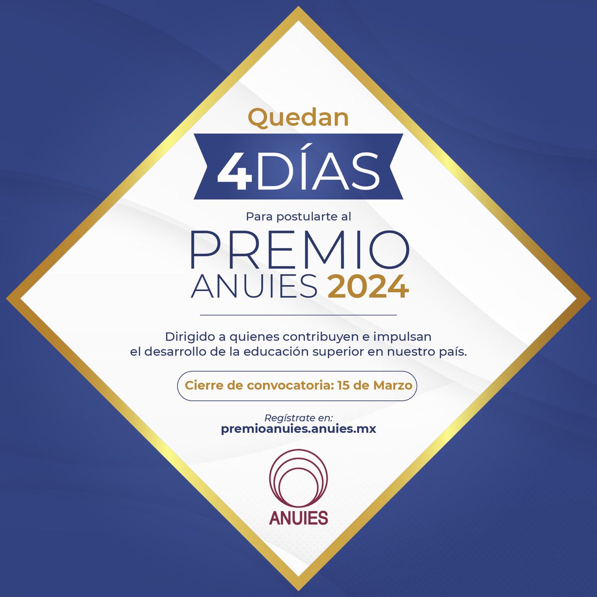 ANUIES's tweet image. 📣📣 Quedan 4 días para poder postularte al Premio #ANUIES 2024 🏆

🗓 Cierre de la convocatoria: 15 de marzo.

📝 Realiza tu registro aquí 👉 ➡️ premioanuies.anuies.mx