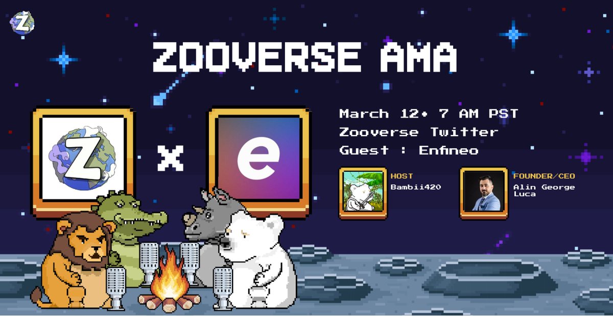 🧸Zooverse x Enfineo AMA 

Join us as we host our friends at @enfineoapp for an upcoming AMA about their innovative approach to integrating crypto and fiat! 

We at Zooverse are excited to talk about what they have planned! 

Set those reminders below! ⏰